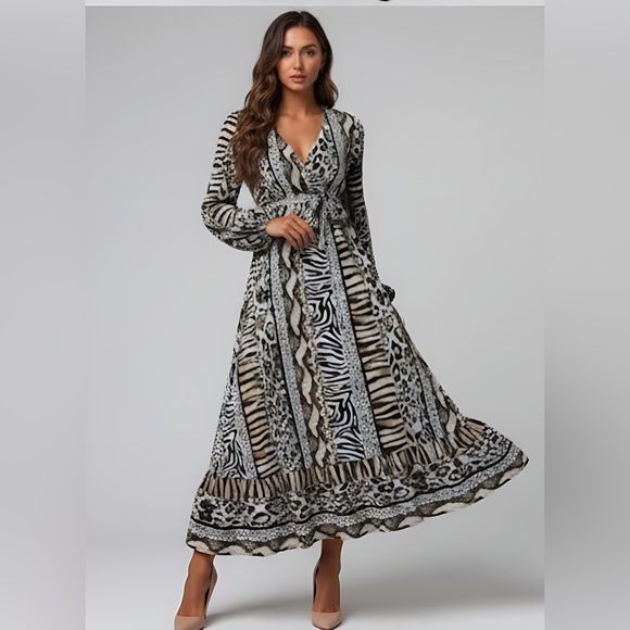 Animal Print Lantern Sleeve Tie Waist A-Line Dress - Picture 1 of 9